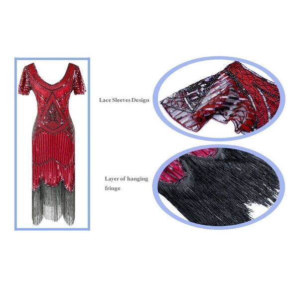 ❤️✨ Flapper Great Gatsby 1920s Retro Tassel Fringe Sequin Midi Red Dress M NEW - Picture 9 of 13
